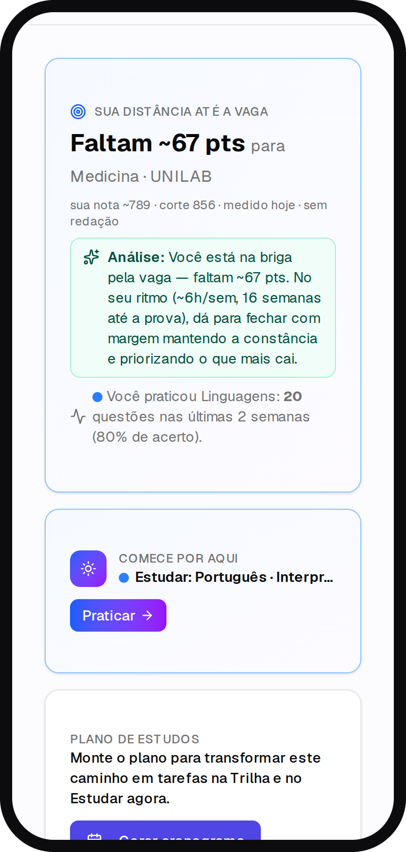 Tela Caminhos da aprovação do EstudoFlow mostrando a distância até a nota de corte