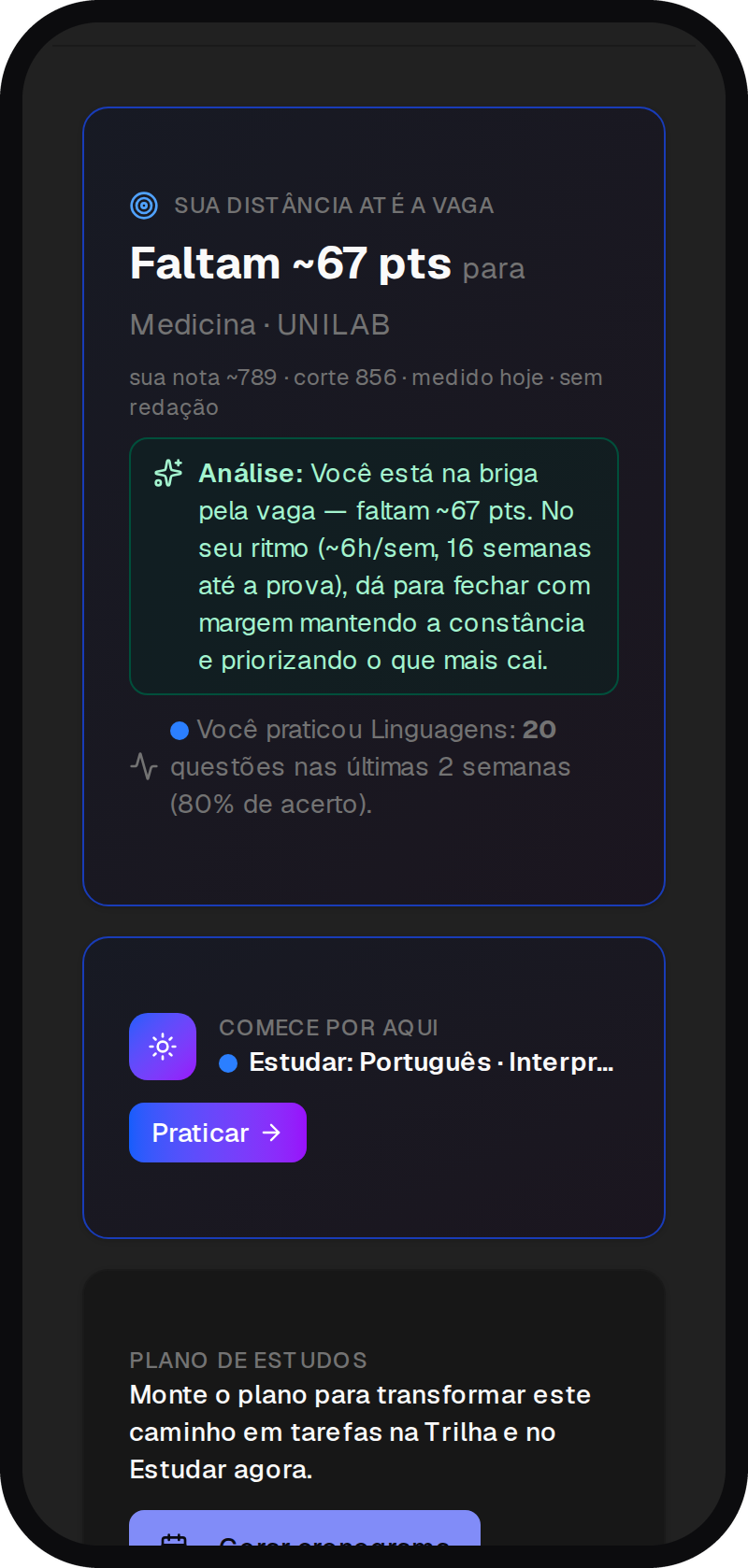 Tela Caminhos da aprovação do EstudoFlow mostrando a distância até a nota de corte