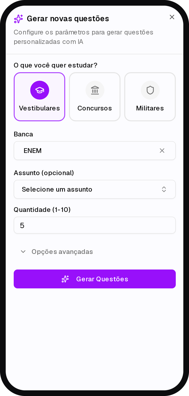 Tela do gerador de questões por IA do EstudoFlow com banca, assunto e dificuldade