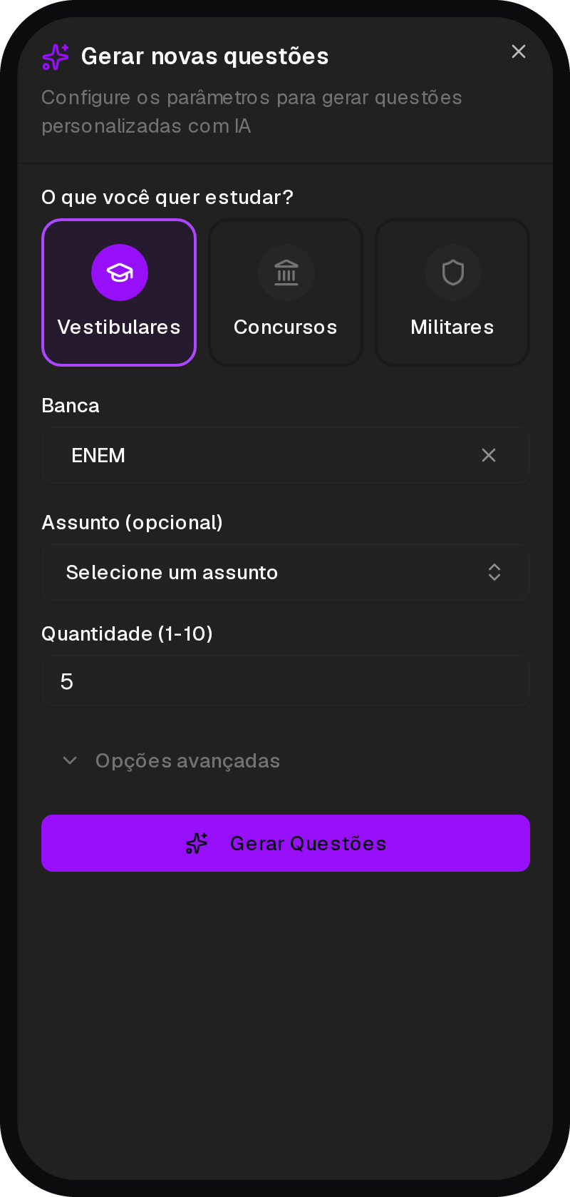 Tela do gerador de questões por IA do EstudoFlow com banca, assunto e dificuldade