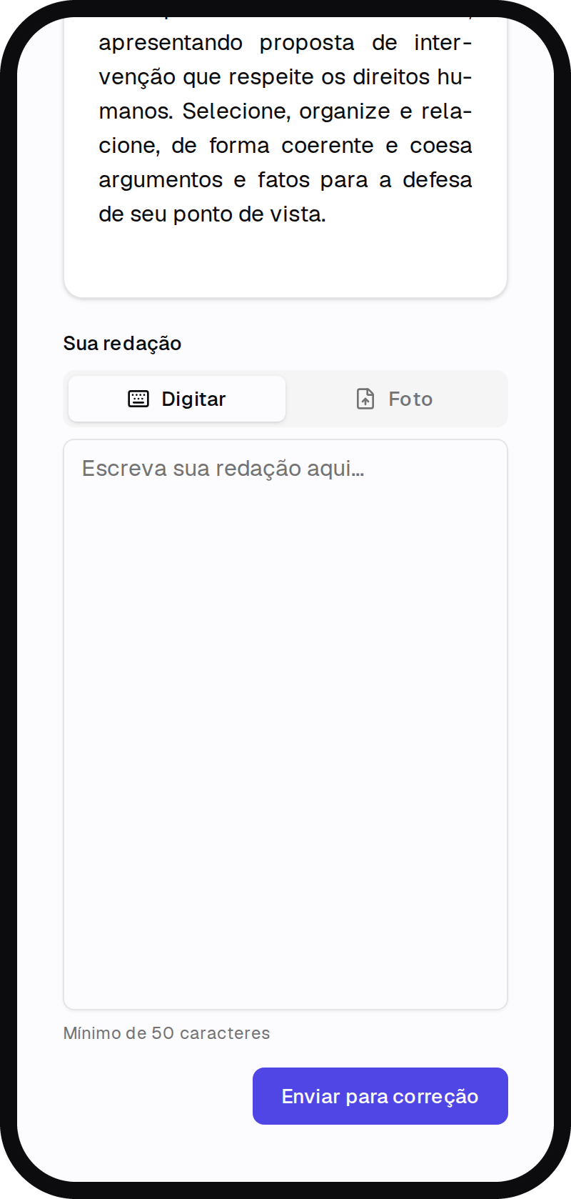 Editor de redação do EstudoFlow com a opção de enviar foto da redação manuscrita