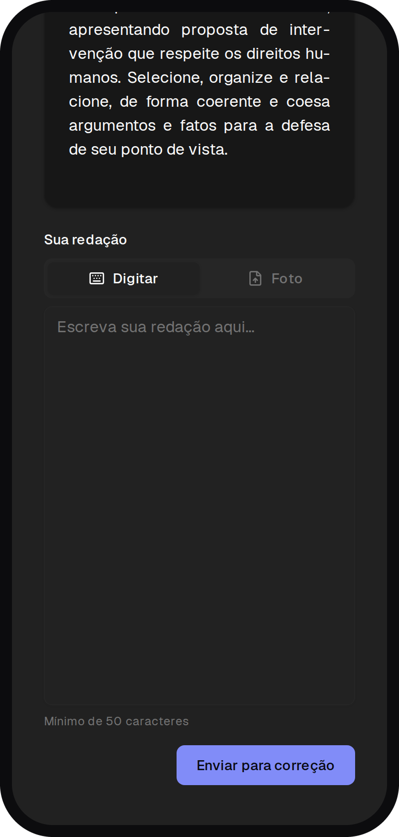 Editor de redação do EstudoFlow com a opção de enviar foto da redação manuscrita