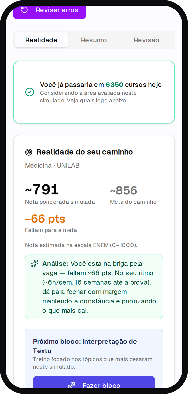 Resultado de simulado do EstudoFlow com nota ponderada na escala do ENEM e meta do curso