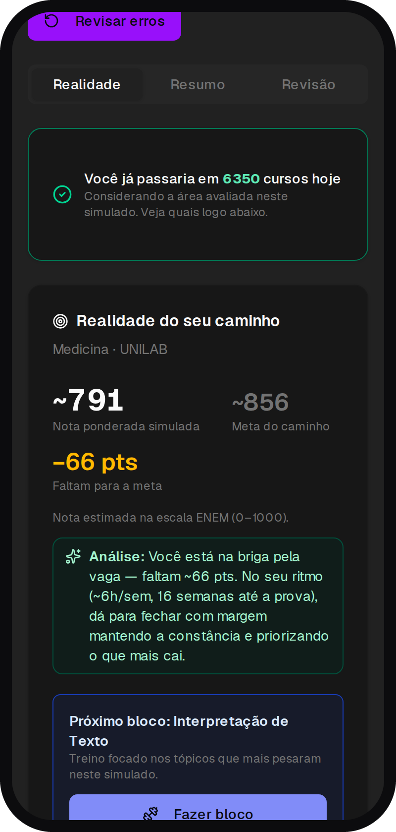 Resultado de simulado do EstudoFlow com nota ponderada na escala do ENEM e meta do curso
